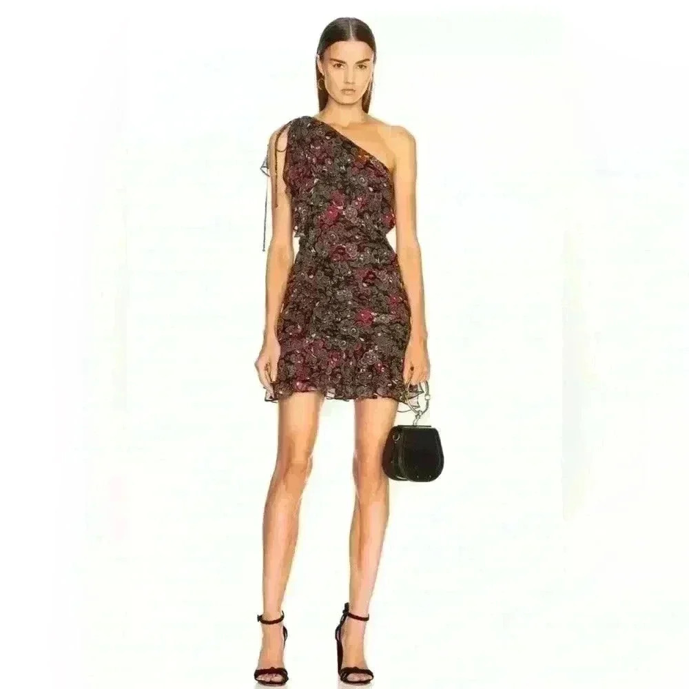 Veronica Beard Black One-Shoulder Floral Ruffle Mini Dress - Picture 5 of 13